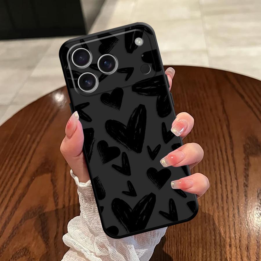 Creative Love Heart Case for iPhone 15 16 14 Plus 17Air XS Max XR 13 12 11 17 Pro Max 7 8 Black Soft Phone Cover