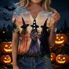 Women's Halloween V Neck Short Sleeve T-Shirt with Button Casual Top