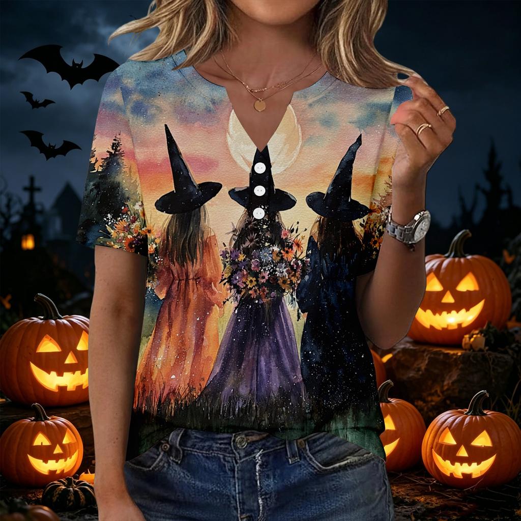 Women's Halloween V Neck Short Sleeve T-Shirt with Button Casual Top