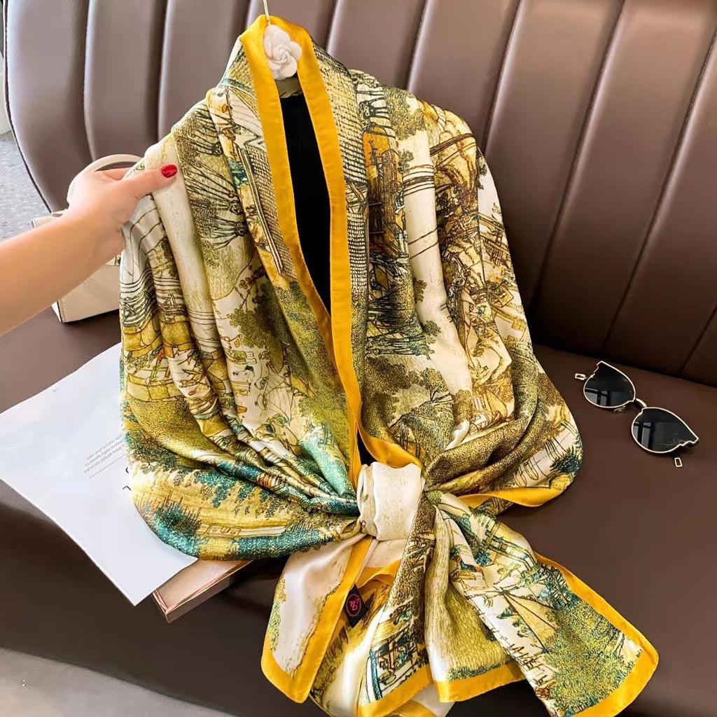 2023 Floral Ethnic Satin Silk Women’s Large Shawl & Scarf
