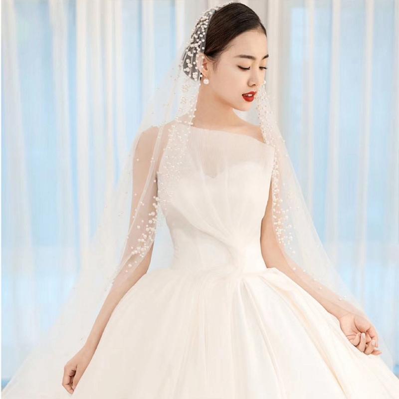 Wedding Bridal Veil Cut Edge Hair Accessories for Bride Single Layer Sheer Tulle 118" Pearls Embellished Chapel Veils