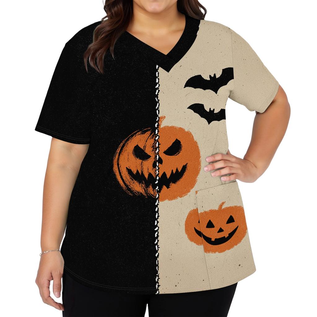 Womens V Neck Short Sleeve Work Top Halloween Print Side Slit Tunic Shirt with Pockets Casual Loose Fit Blouse for Daily Wear