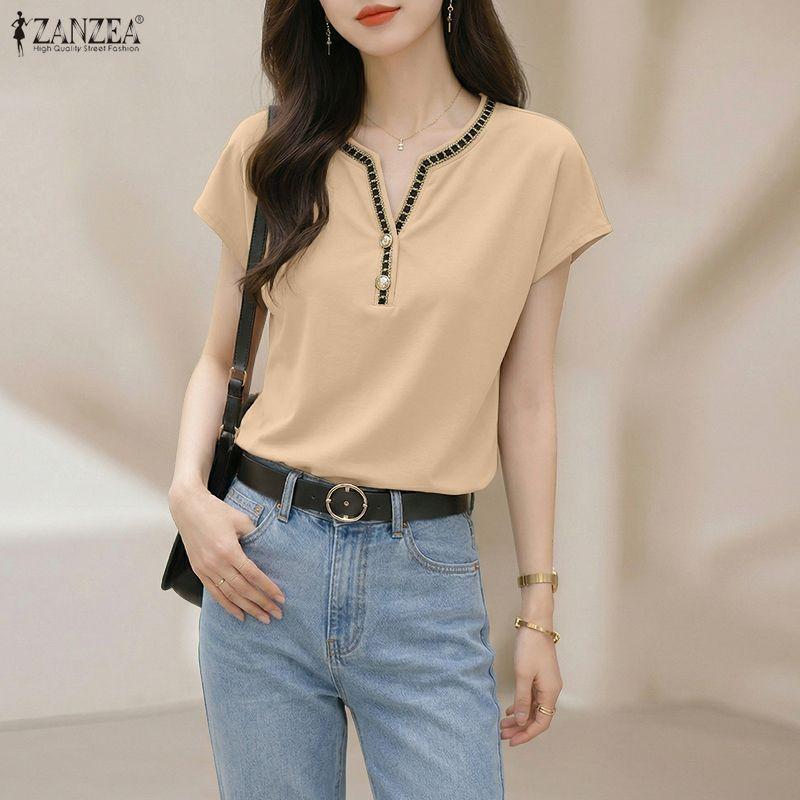 ZANZEA Women Splice V-Neck Loose Casual Short Sleeve Blouse