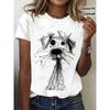 Damen Retro Anime Hundegesicht T-Shirt, Süßes Schwarz-Weiß Linienkunst Muster, 180G Rein, Leicht Lockerer Schnitt, Kombiniert mit Weit Bein Hosen