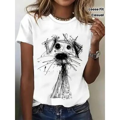 Damen Retro Anime Hundegesicht T-Shirt, Süßes Schwarz-Weiß Linienkunst Muster, 180G Rein, Leicht Lockerer Schnitt, Kombiniert mit Weit Bein Hosen