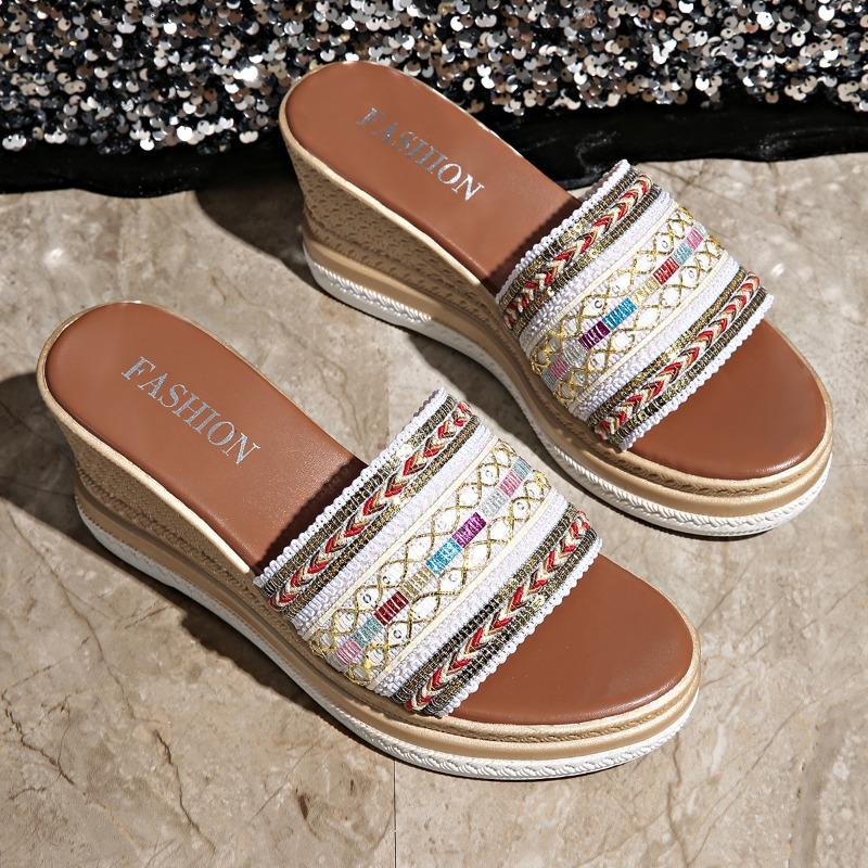 Summer New Flat-bottomed Slope Heel Cool Slippers Women's Muffin Thick-bottomed Colored Sequins Student One-word Slippers