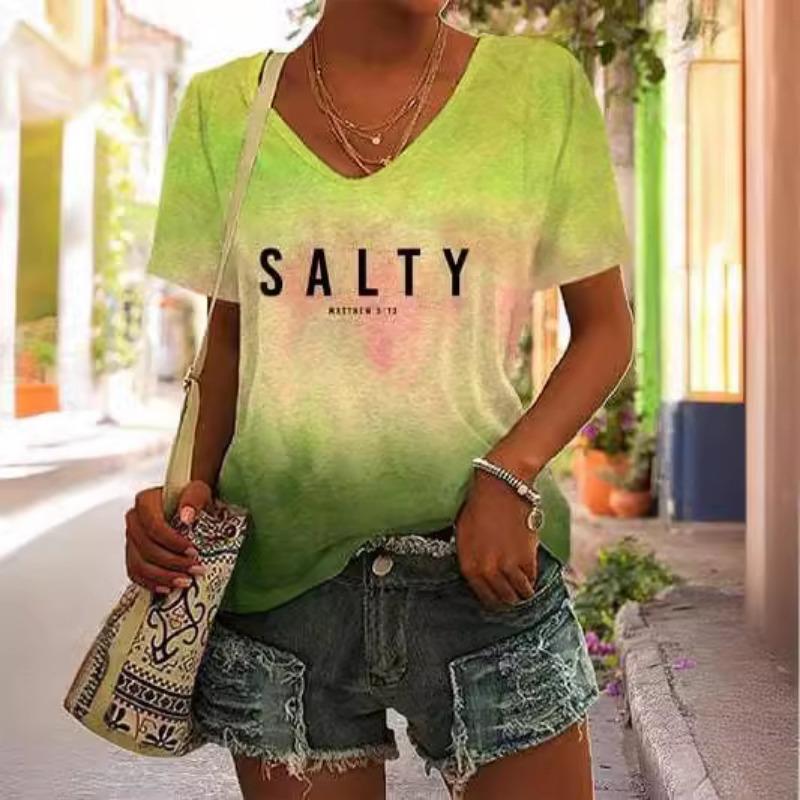 

Летняя женская простая повседневная футболка с V-образным вырезом и короткими рукавами с принтом, дышащая футболка для женщин 5XL