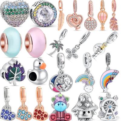 S925 Sterling Silver Sparkling Feather Pine Cone Pendant Ducks Flowers Beads Fit Original Charms Bracelet Bangle Jewelry