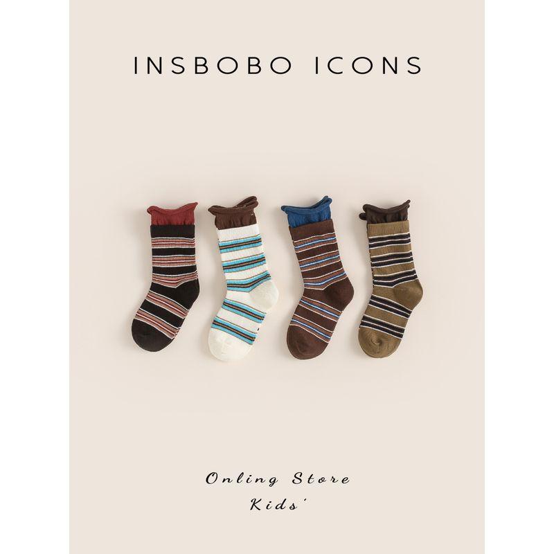 Insbobo Girls  Socks Autumn and Winter 2025 New Striped Socks Girls  Socks Boys  Mid-Calf Socks Children s Long Socks XL Socks Size 20-22cm Four pairs