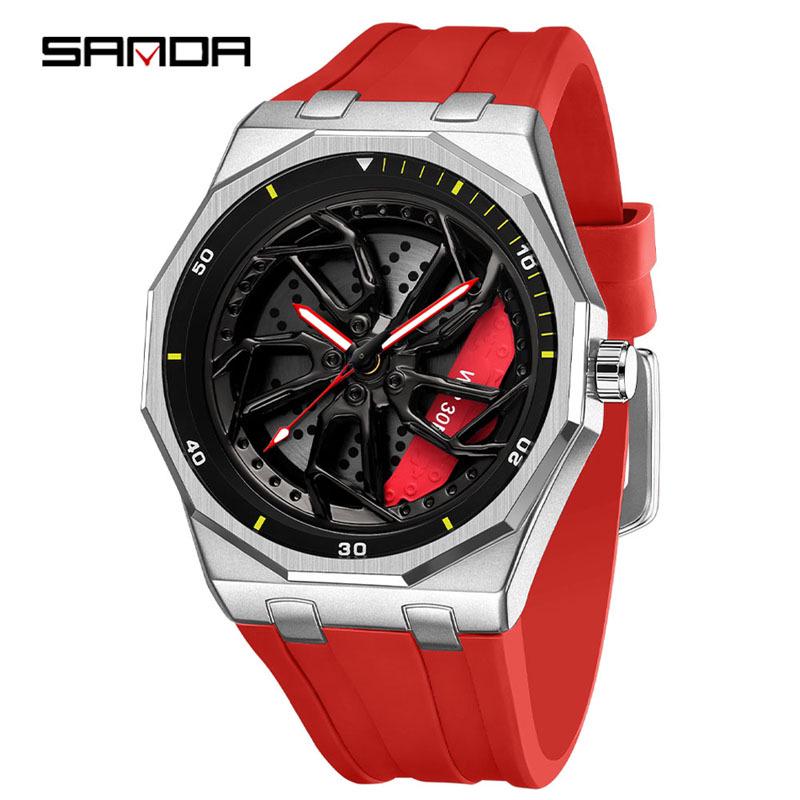 SANDA Men's Waterproof Luminous Polygonal Quartz Watch with 3D Rotating Dial and Silicone Band