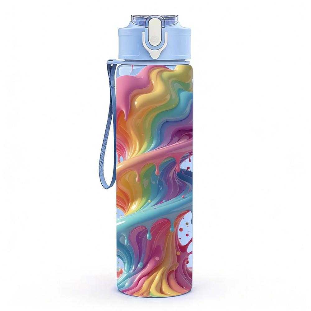 1PC Twisted Rainbow Smoke Swirl Print 750ml Color Plastic Sports Water Bottle Leakproof Flip Straw Lid Suitable for Sports Office Home Use