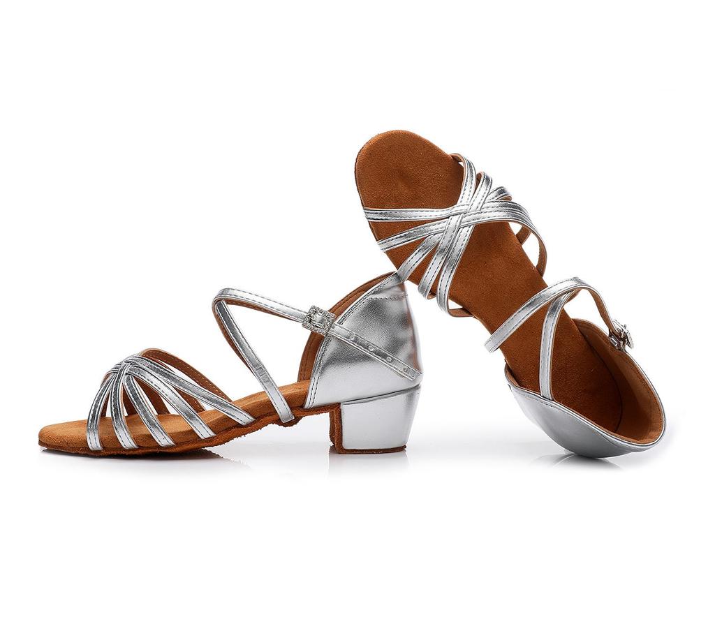 Children's Latin Dance Shoes: Women's Soft Sole, Mid-Heel for Professional Practice, Summer White Competition Grading.