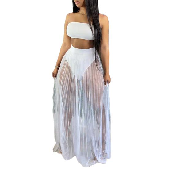 3Pcs/Set Vest Skirt Set Sexy Bandeau Tops High Waist Briefs Mesh Pleated Long Skirt Set Solid Color Outfit