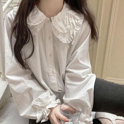 Camisa de renda kawaii, blusa branca com gola peter pan, manga exuberante, outono, lolita coreana, estilo preppy, tops fofos com botões