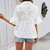 Womens Eyelet Embroidery Peplum Shirt With Point Collar And Ruffle Short Sleeve Casual Blouse