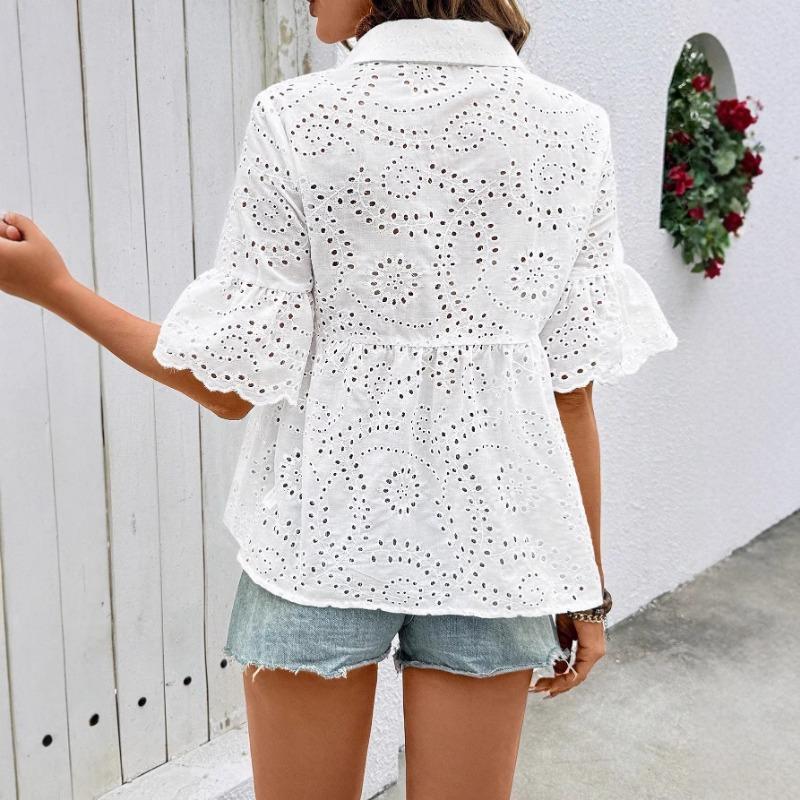 Womens Eyelet Embroidery Peplum Shirt With Point Collar And Ruffle Short Sleeve Casual Blouse