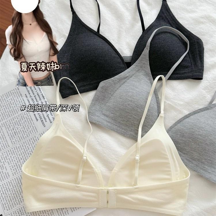 Thin shoulder strap French underwear women's small chest deep V-neck triangular cup thin style without steel ring comfortable bra summer