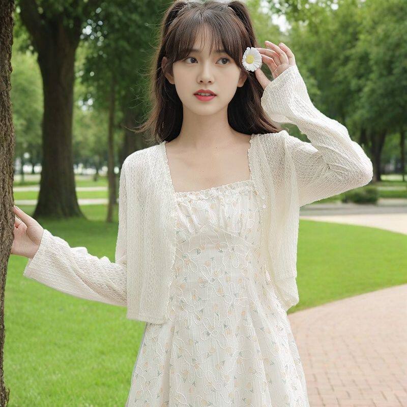 Sunscreen cardigan women's spring clothing thin fat mm outer with small shawl with suspender skirt sweet short top