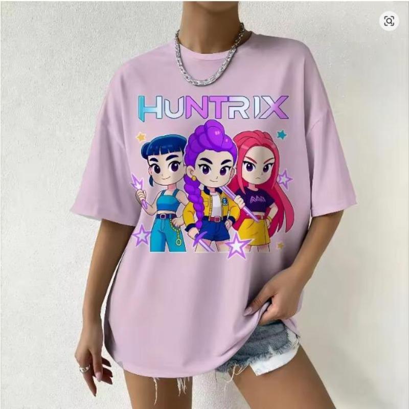Women's Summer KPop Demon Hunters Graphic Tee Stylish Streetwear T-Shirt with Rum Mira Zoey Character Prints Trendy Casual