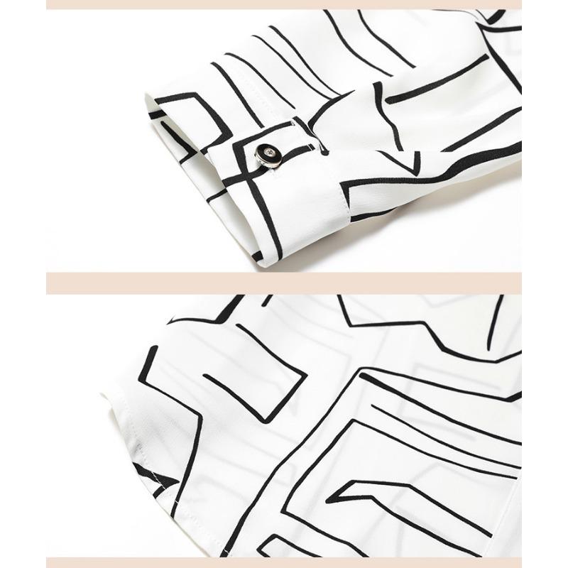 Damen Frühlings Weiß Schwarz Geometrischer Druck Hemd Revers Langarm Satin Arbeits Oberteil