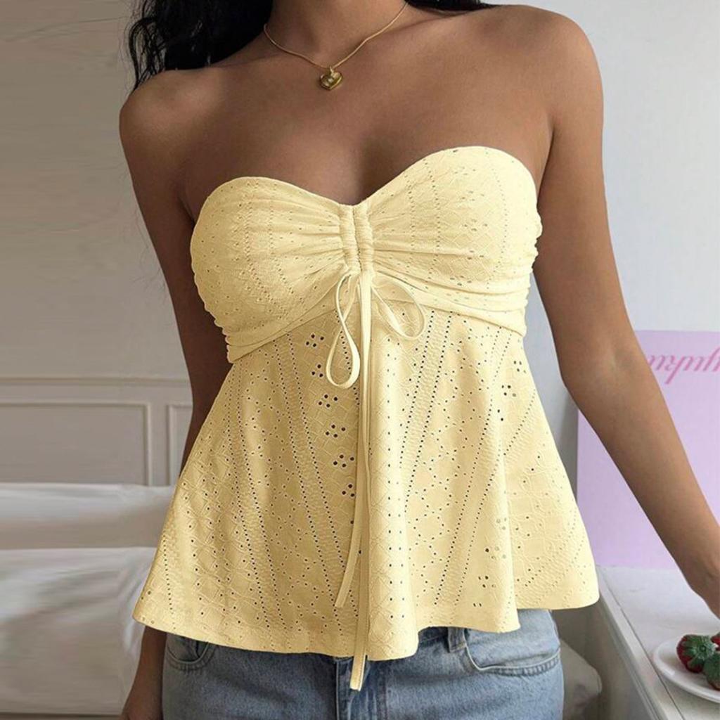 Women's Strapless Sleeveless Tube Top Slim Fit Sexy Solid Eyelet Tie Front Camisole
