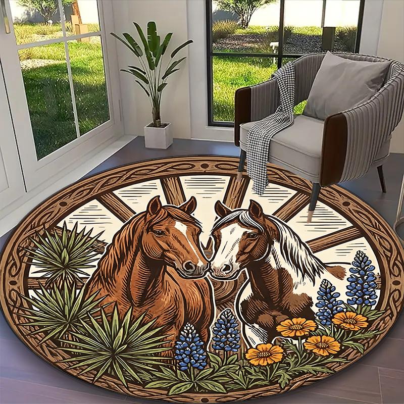 1pc Digital Printed Chair Rug for Home Office Use, Desert Floral Equine Horse Carpet Appropriate for All Seasons, Soft Round Carpet