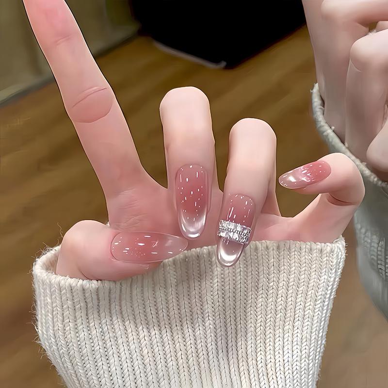 Ice Jade White Tea Nude Cat Eye Nail Art – Blush Brightening Ice Translucent Style, Pure Handmade