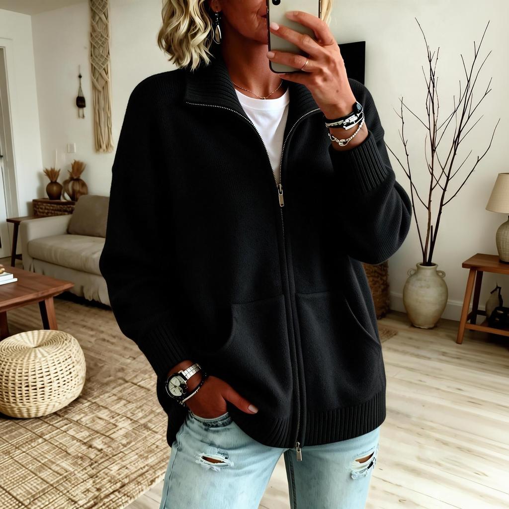 Women's Knit Cardigan with Lapel Collar and Front Zipper, Casual Outerwear for Everyday Wear