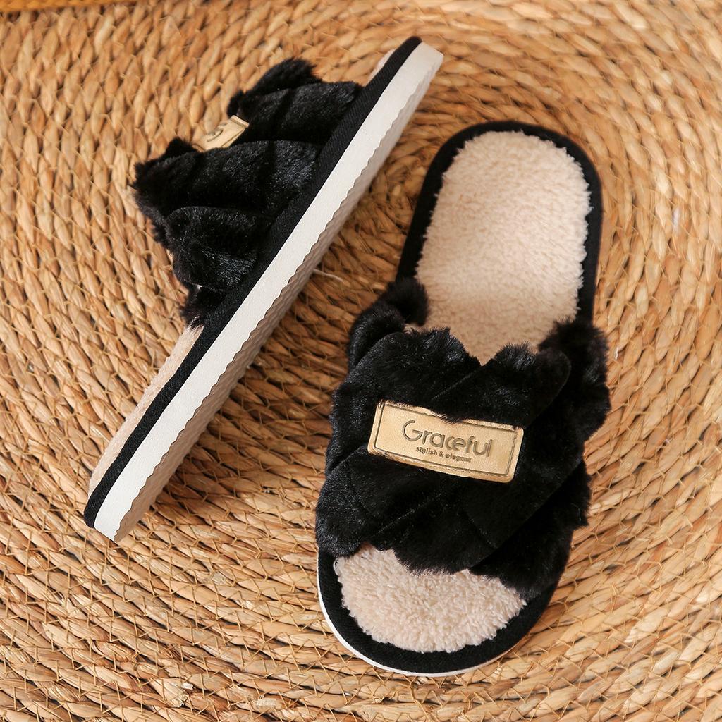 Fashion Litfun Fluffy Women's Slippers Concise Flat Home Slides Open Toe Fuzzy Cotton Slides Plush Lining Warm Cozy Slippers For Women