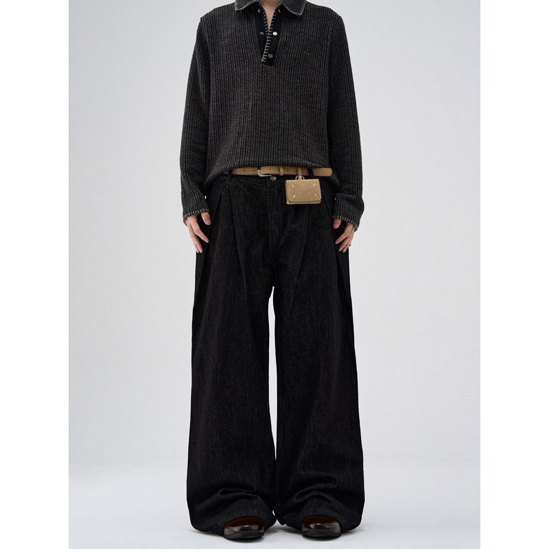 Kisko American Retro Pleated Wide-Leg Baggy Washed Denim Pants for Men and Women, High-End Loose Drape Pants Trendy