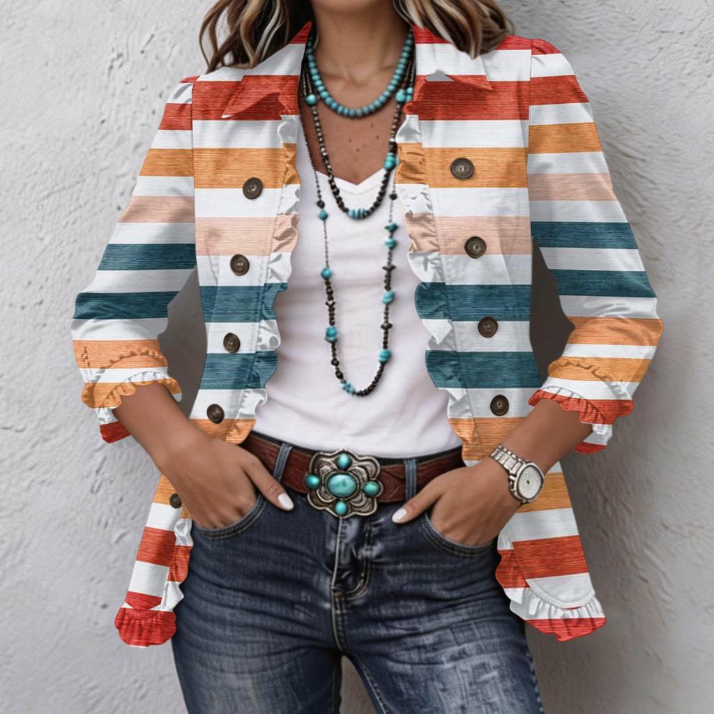 Women's Striped Print Long Sleeve Ruffle Button Front Shirt Jacket for Casual Wear
