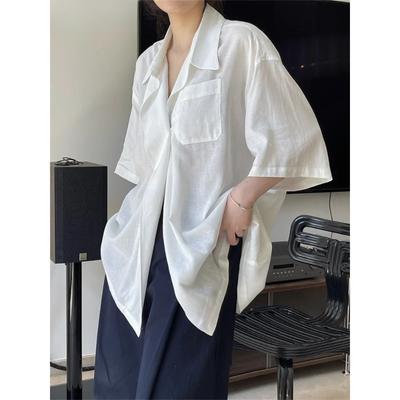 Summer Slightly Transparent Linen Short Sleeve Shirt Women Design Sense Lapel Loose Silhouette Cool Top Female