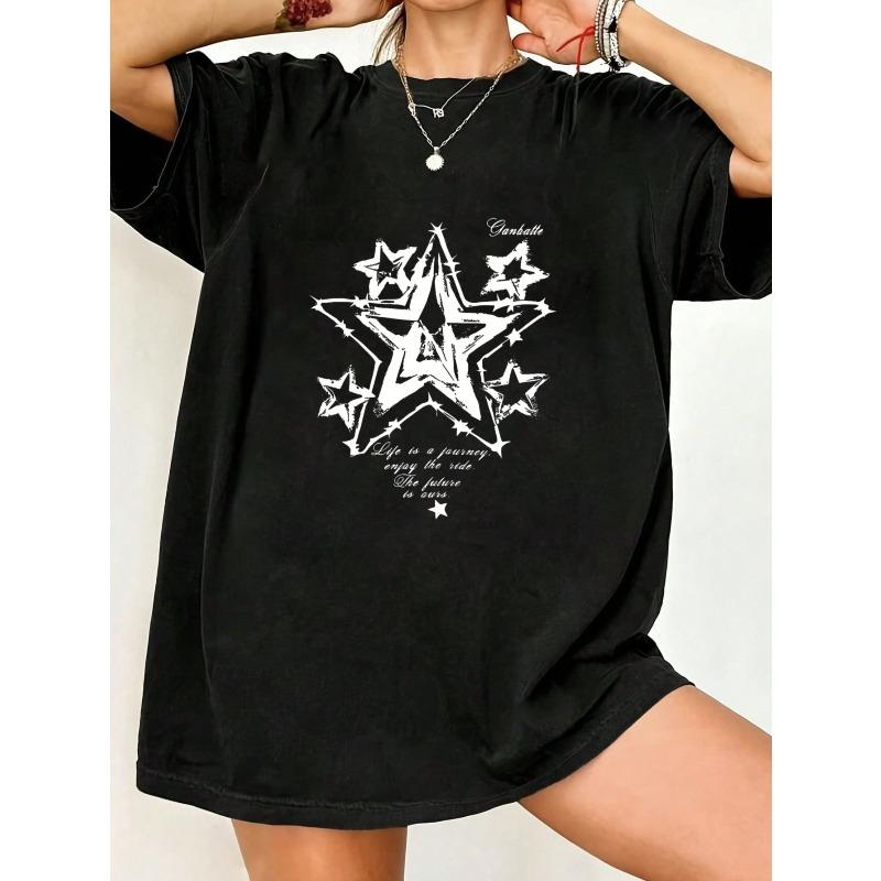 Oversized T Shirt Black Star Graphic Print With Inspirational Quote Casual Wear For Women