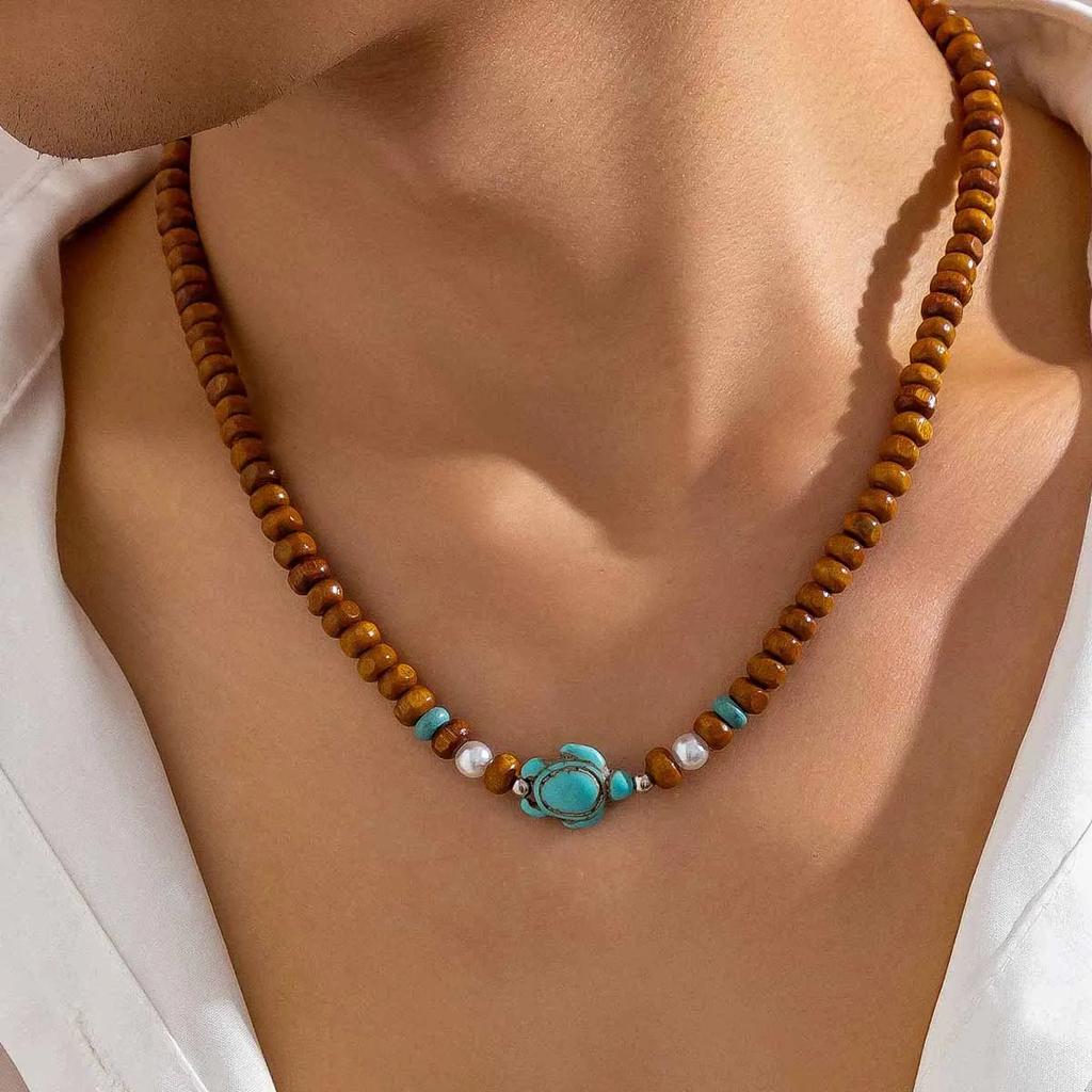 Small Wood Beads Chains with Turtle Choker Necklace and Bracelect Set Men Trendy Beaded Accessories on Neck/Hand Fashion Jewelry