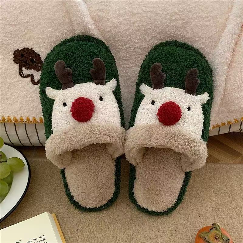 Christmas Reindeer Plush House Slippers Non‑Slip Warm Winter Indoor Home Shoes for Men Women Couple