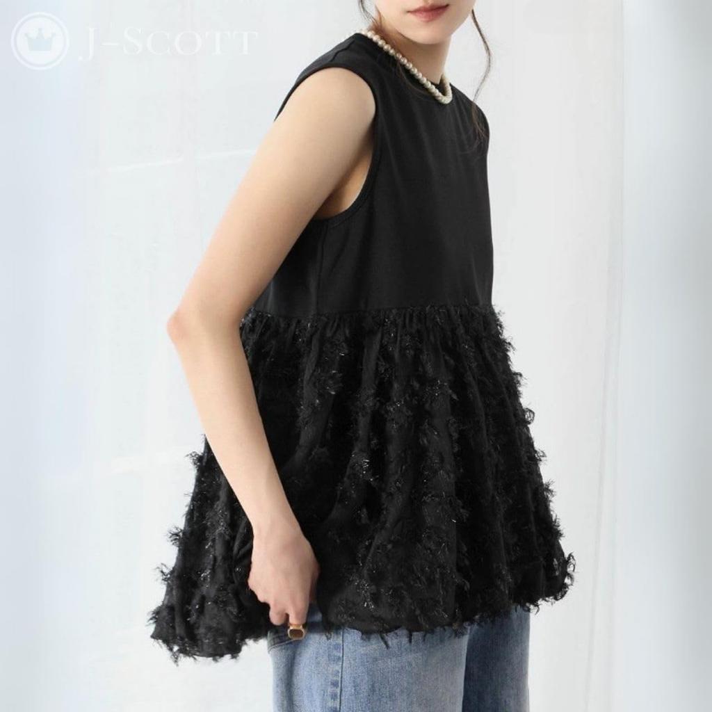 Feather Round Mixed Hem J-Scott Women's Blouse, Sleeveless, Neck, Material, Fringe, Design, Black, JS173-BK-L (Limited Stock)