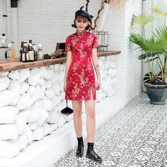 Damen Sommer Cheongsam Stehkragen Drache Phönix Print Geteilter Saum Qipao Slim Fit Retro Chinesischer Stil Über Knie Länge Hochzeit Party Cocktailkleid