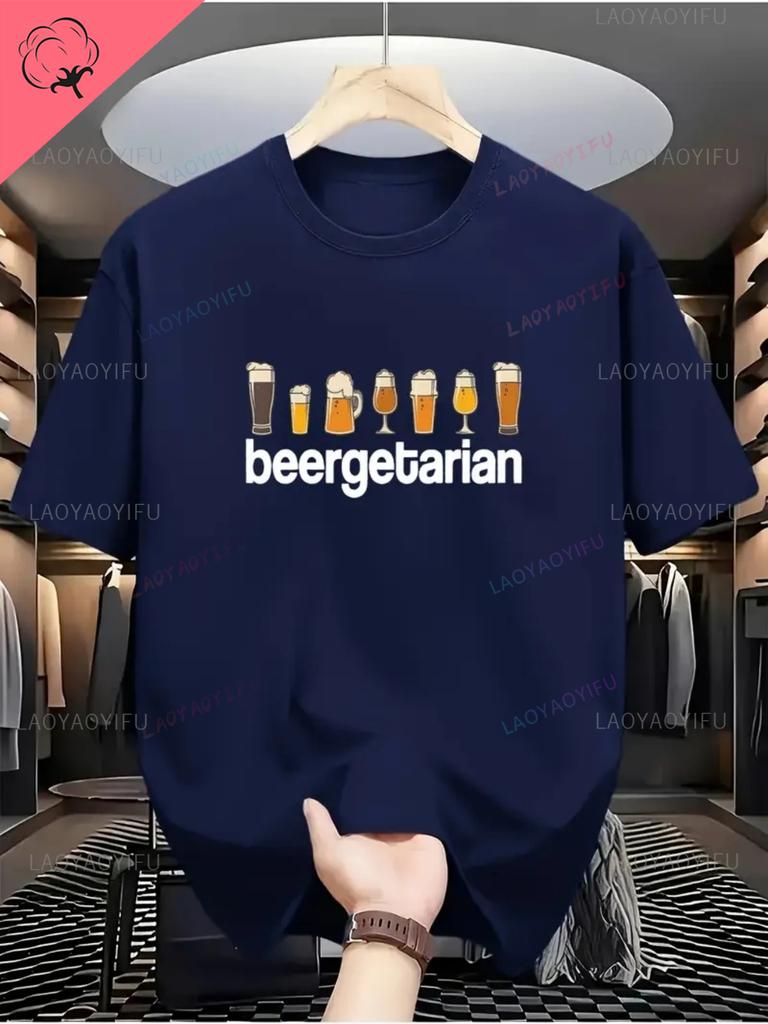 Mens Breathable Outdoor Short Sleeve Oneck Shortsleev Harajuku TShirt White Casual Summer Tee with Beer Print Design Tops