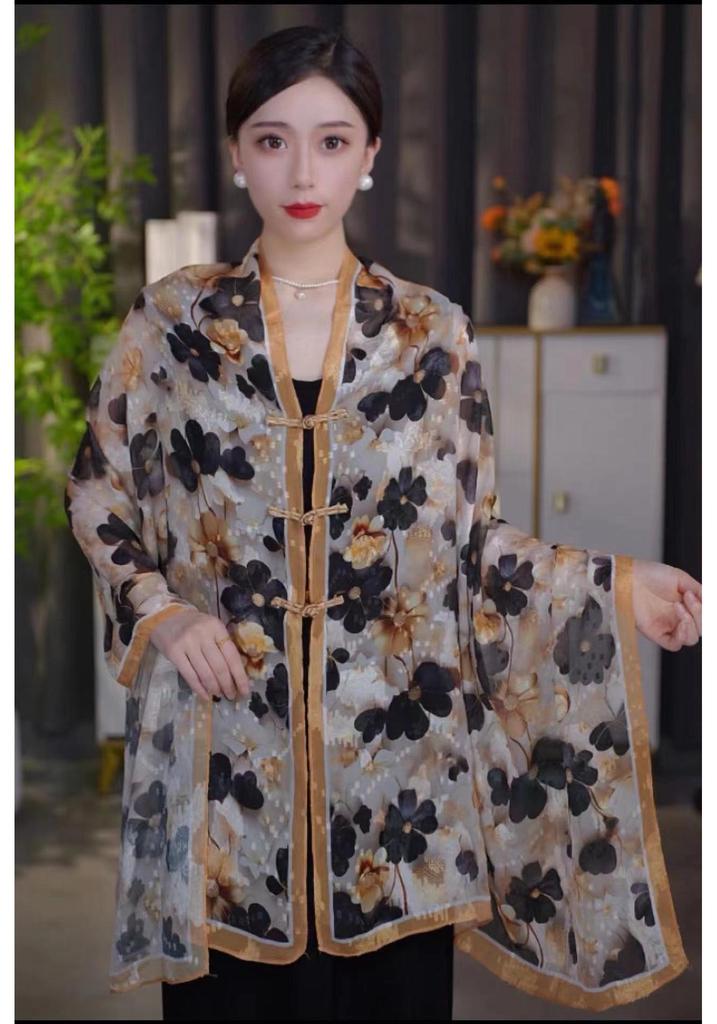 Chinese Style Summer Silk Shawl with Frog Button - Elegant Travel Photography Scarf for Women