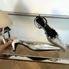 Fashion Gold Silver Rivet Designer High Heels Women Sexy Pointed Toe Leather Pattern Women Pumps Slingbacks Heeled Sandals Party Shoes