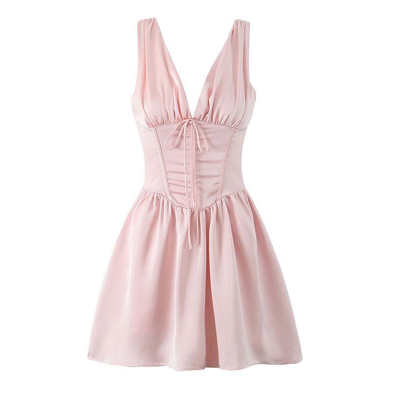 

House Same Style Fancy Satin Dress Sexy Deep V-neck Sleeveless Vest Fishbone Slimming and Short Mini Dress Light pink L