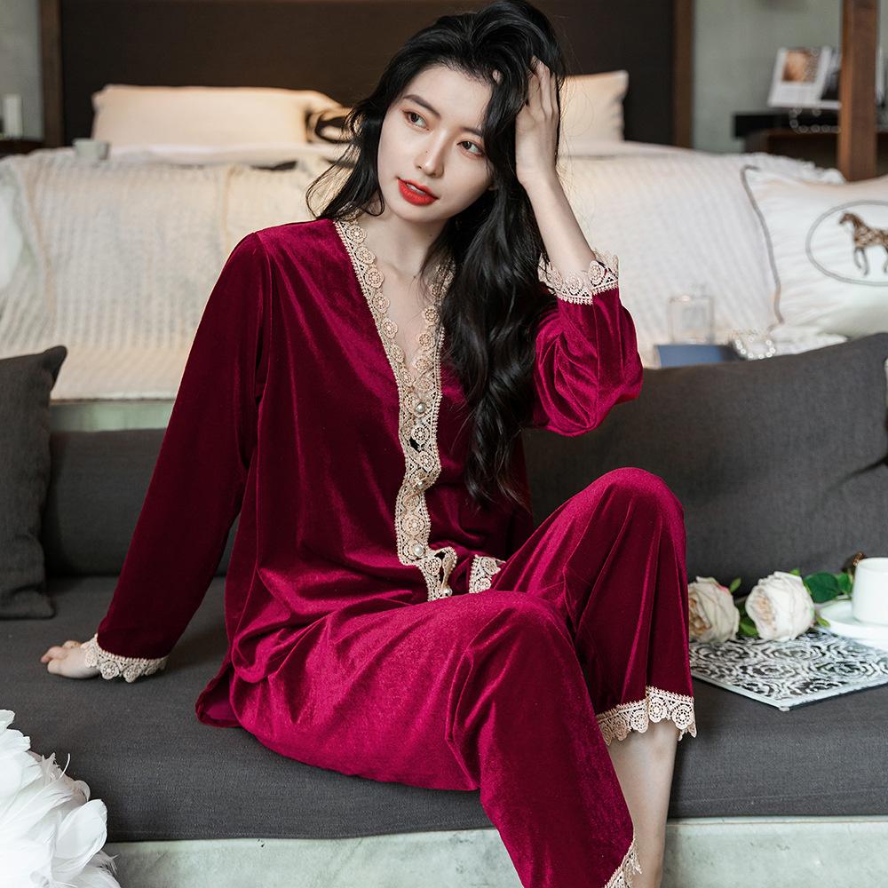 

Пижама из золотого бархата для женщин, осенне-зимняя, с длинными рукавами, брюки, кардиган, сексуальный кружевной костюм, домашняя одежда, которую можно носить 2XL