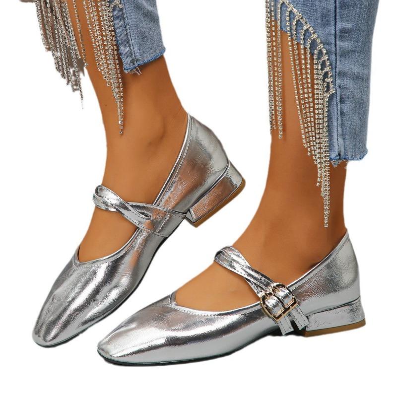 Retro double-strap silver Mary Jane shoes for women's autumn and winter new square head low-heeled small leather shoes soft-soled ballet shoes