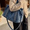 Vintage Denim Shoulder Bag Large Capacity Multi-pocket Travel Storage Tote Women Wide Shoulder Strap Rivet Design Crossbody Bag