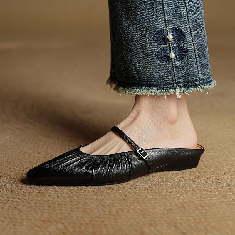Fashion 2025 New Summer Women Mules Genuine Leather Shoes for Women Pointed Toe Low Heel Shoes Cover Toe Slingback Slippers Modern