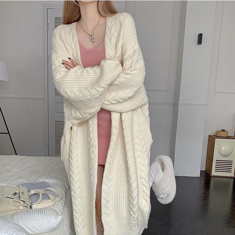 Vintage Lazy Style All-match Knitted Hemp Pattern Autumn and Winter Loose Thick Warm Long Cardigan Sweater Coat Women's Clothing