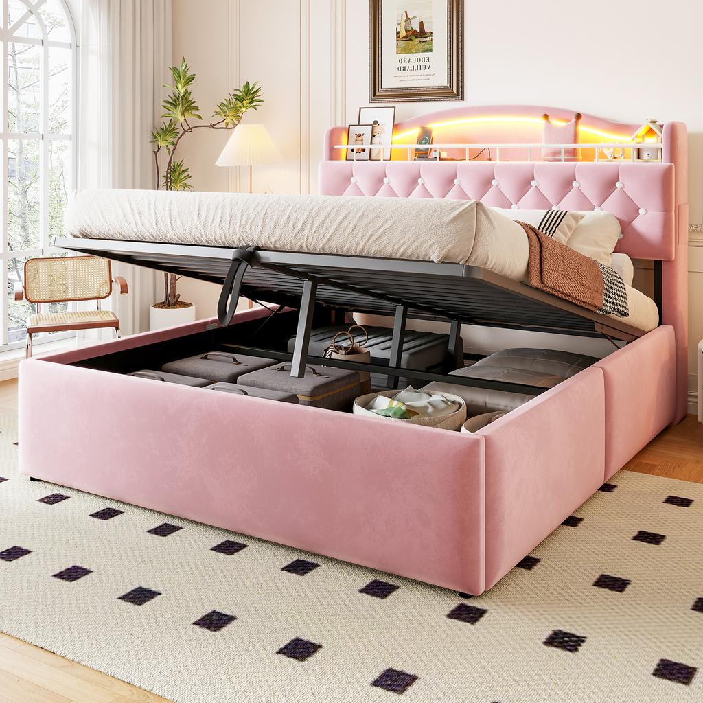 Upholstered bed 140 x 200 cm, hydraulic storage, velvet cover, LED headboard light, USB & USB-C charging, headboard storage, metal bed base, pink