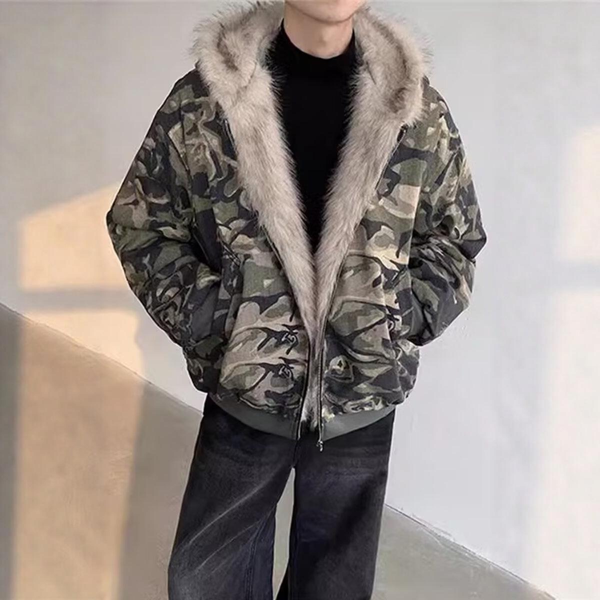 

Мужская винтажная хлопковая куртка с капюшоном и меховым воротником, камуфляжная Medium камуфляжный