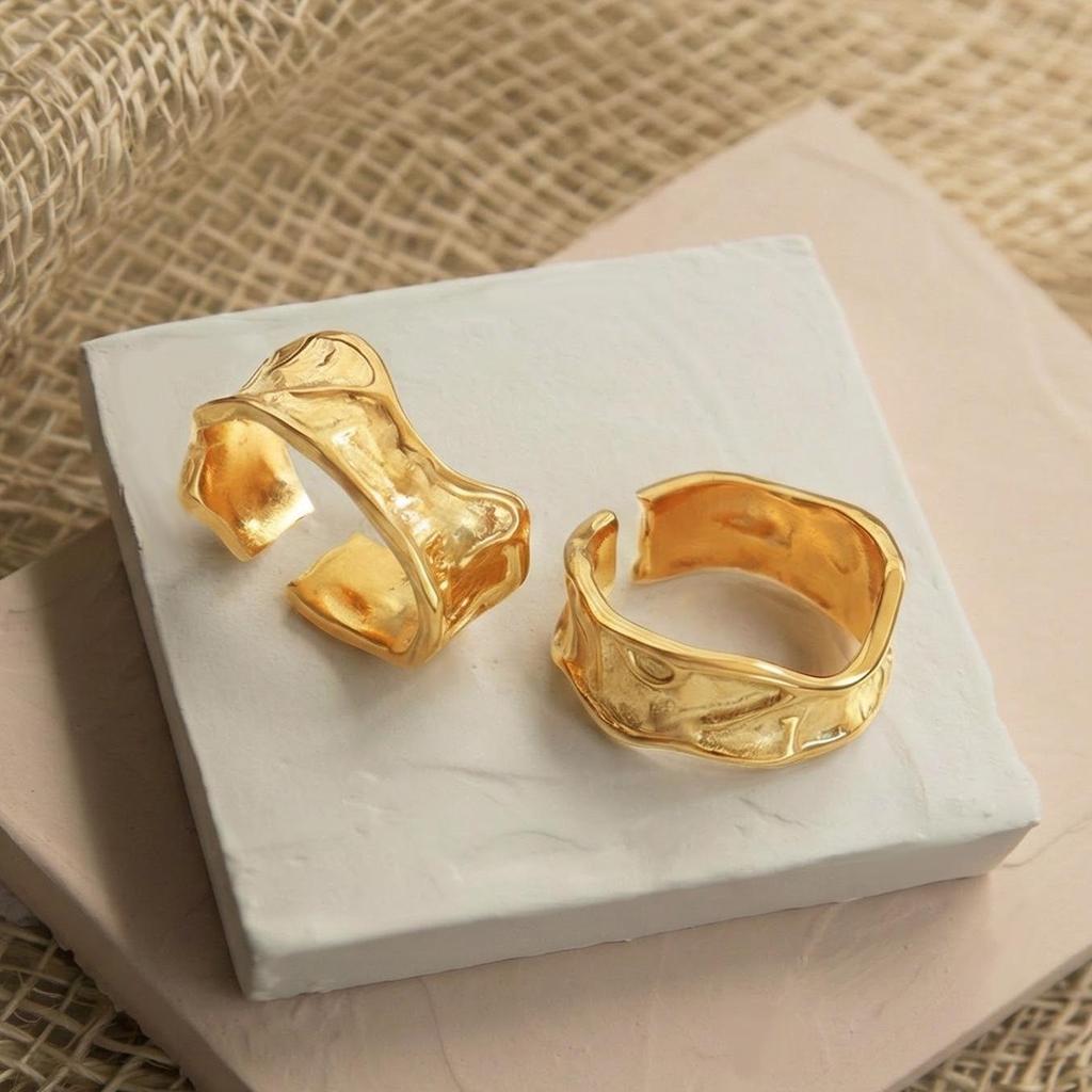 18K Gold-Plated Irregular Embossed Open Ring - Stainless Steel, Fade-Resistant