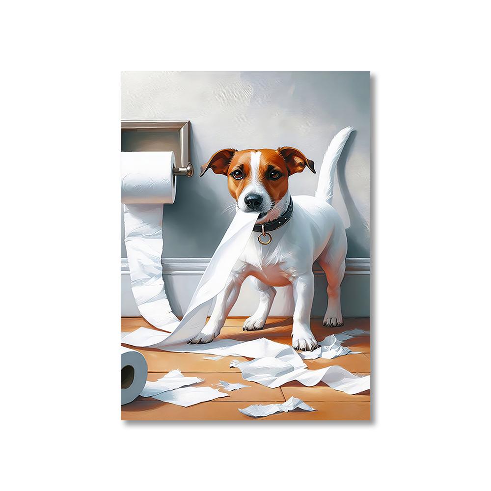 1PC Unframed Funny Pet Dog in Toilet Reading Newspaper Play Canvas Painting Animal Pictures Wall Art for Home Bathroom Decor